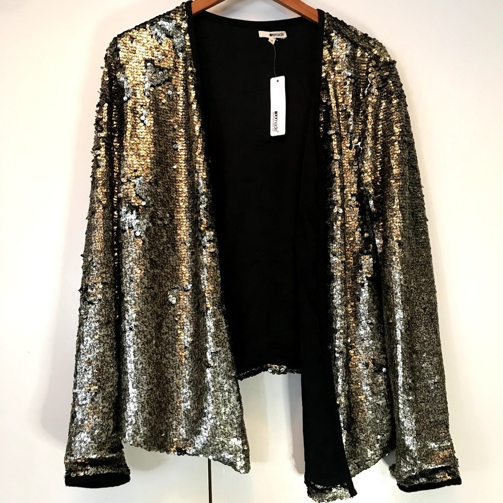 new with tag LA Made gold sequin jacket open front cardigan rouch sleeve size M